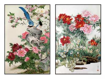 中式雅致富贵牡丹花鸟图案挂画组合3D模型下载